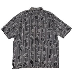 Genelli Men's Silk Shirt XL Black Tan Geometric Cube Short Sleeve Retro